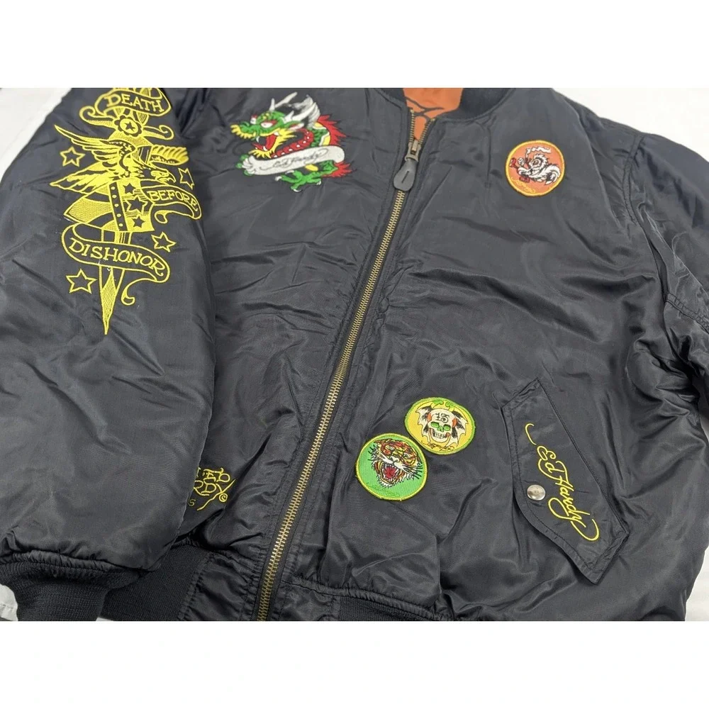 Ed Hardy Bomber Jacket Black Tattoo Patch Dragon Mens‎ Large